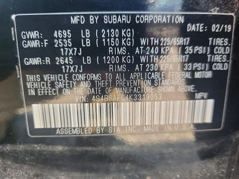 2019 SUBARU OUTBACK 2.5I PREMIUM 13