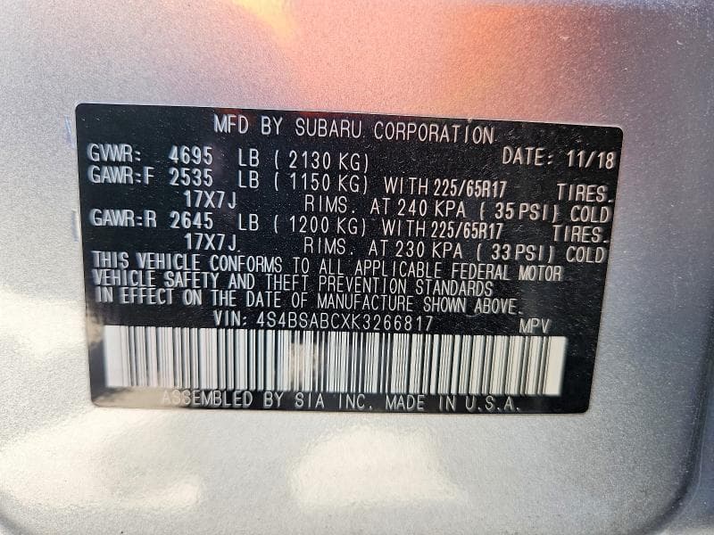 2019 SUBARU OUTBACK 2.5I 14