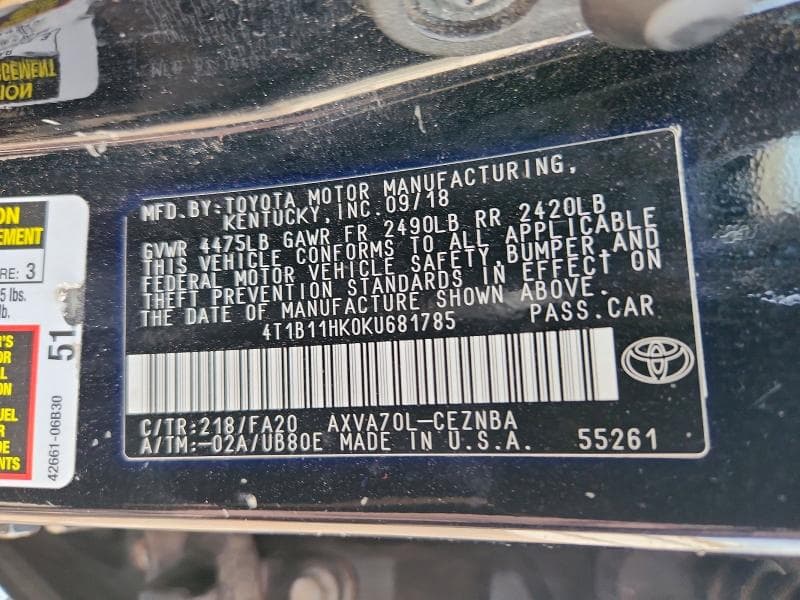 2019 TOYOTA CAMRY LE 12