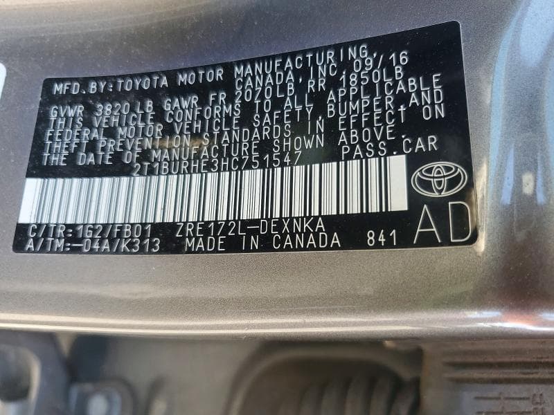 2017 TOYOTA COROLLA LE 12