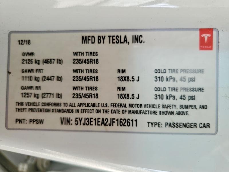 2018 TESLA MODEL 3 12