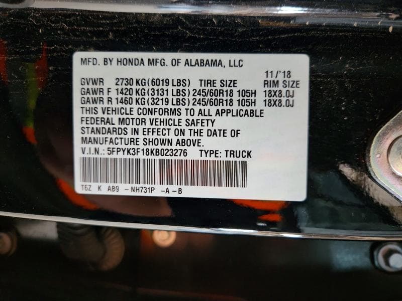 2019 HONDA RIDGELINE SPORT 12