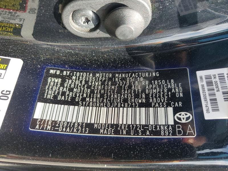 2018 TOYOTA COROLLA LE 12