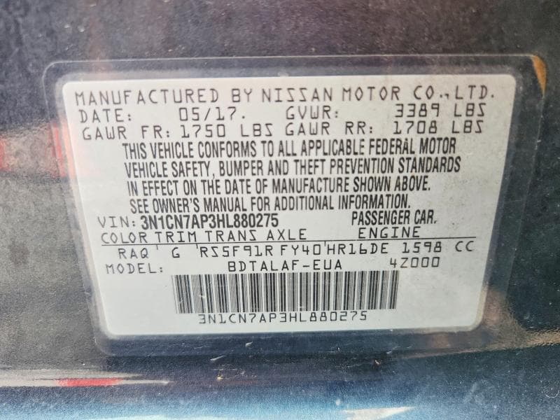 2017 NISSAN VERSA 1.6 S 12