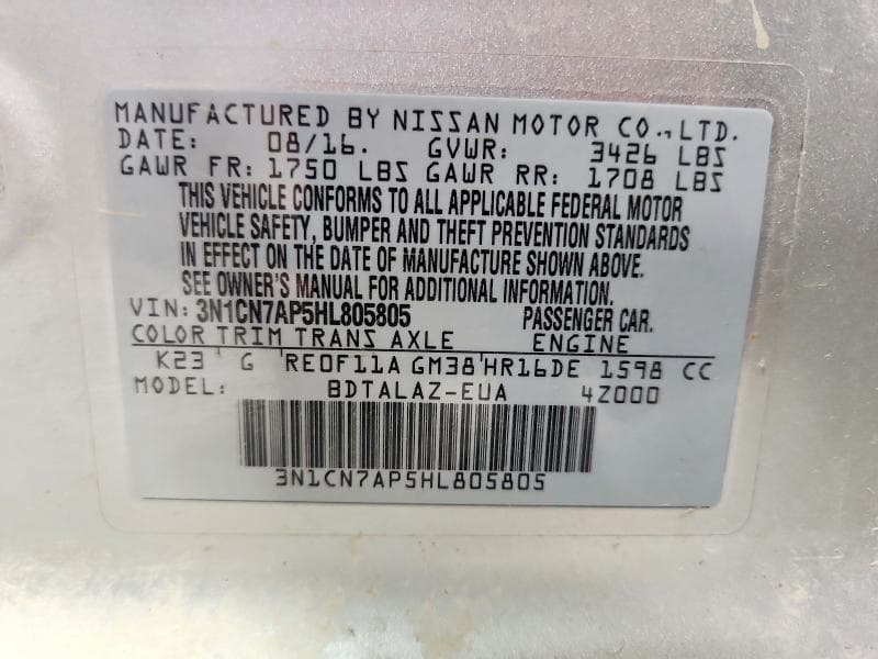 2017 NISSAN VERSA 1.6 S PLUS 12
