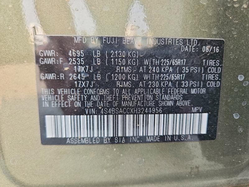 2017 SUBARU OUTBACK 2.5I PREMIUM 12