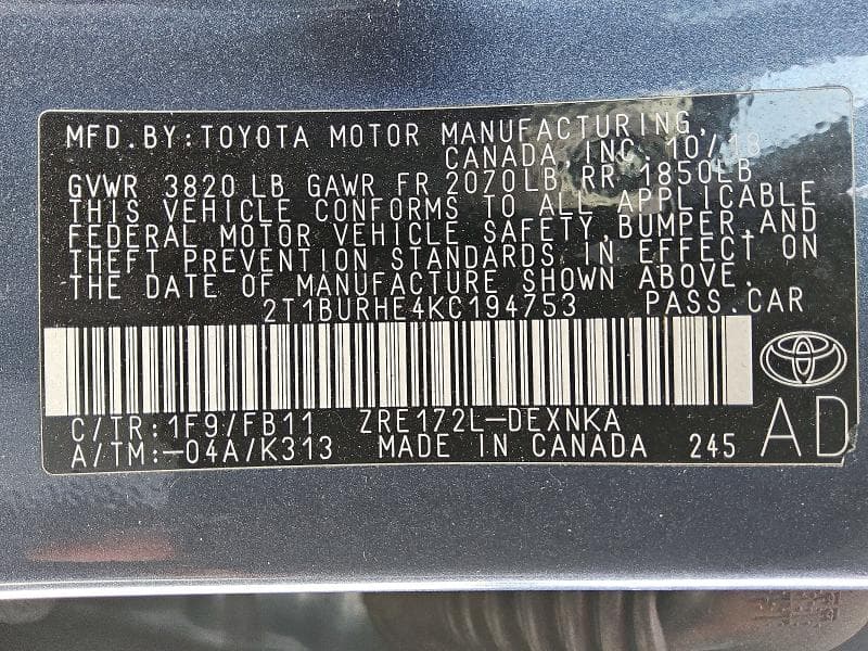 2019 TOYOTA COROLLA LE 12