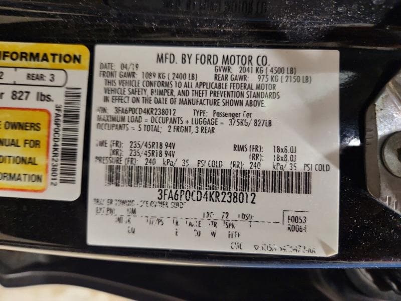 2019 FORD FUSION SEL 12