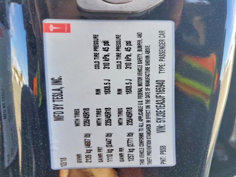 2018 TESLA MODEL 3 13