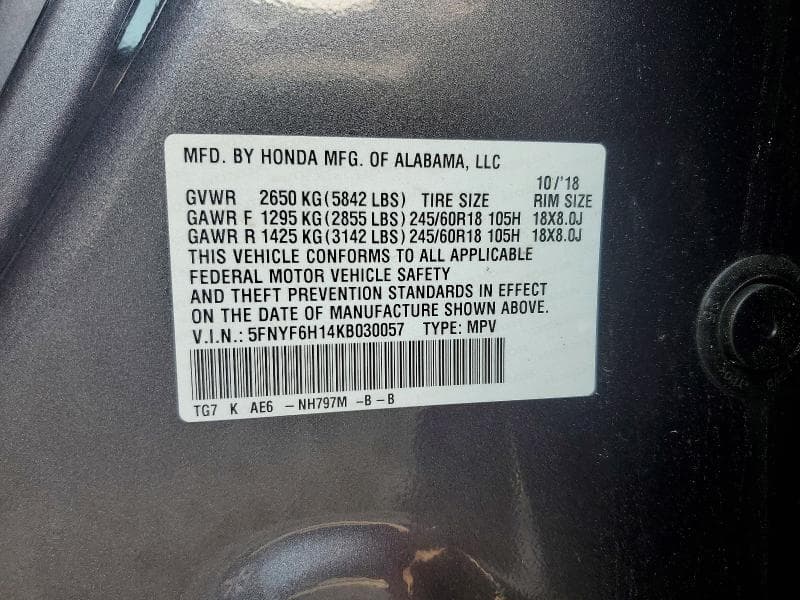 2019 HONDA PILOT LX 13