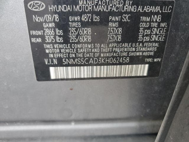 2019 HYUNDAI SANTA FE LIMITED 2.4L 13