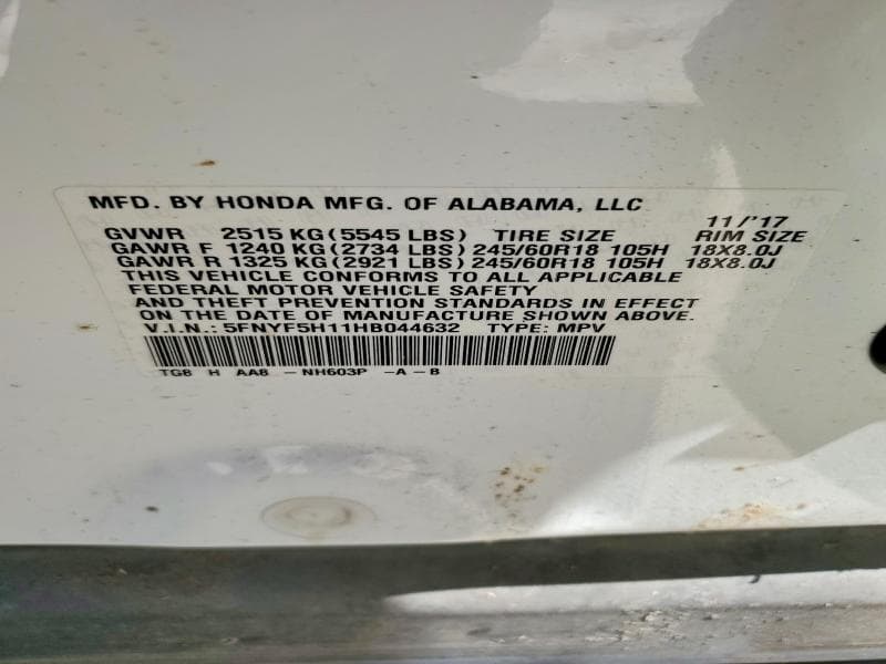 2017 HONDA PILOT LX 13
