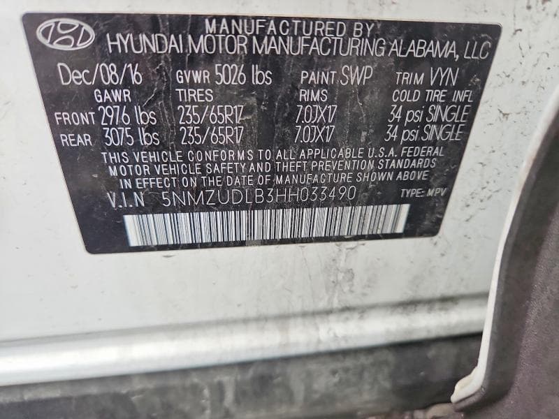 2017 HYUNDAI SANTA FE SPORT 2.4L 12