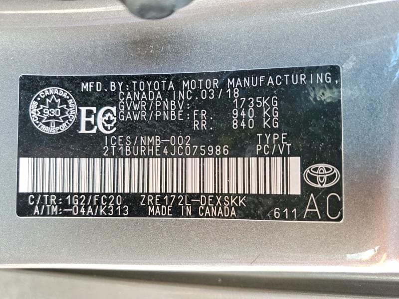 2018 TOYOTA COROLLA L 12