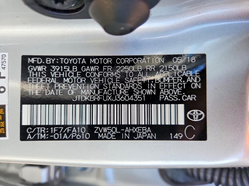 2018 TOYOTA PRIUS ONE 12