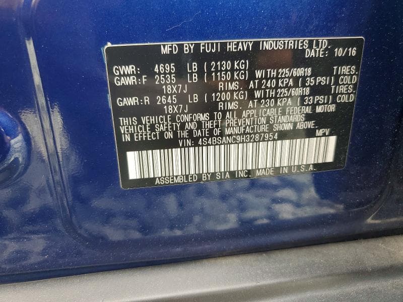 2017 SUBARU OUTBACK 2.5I LIMITED 12