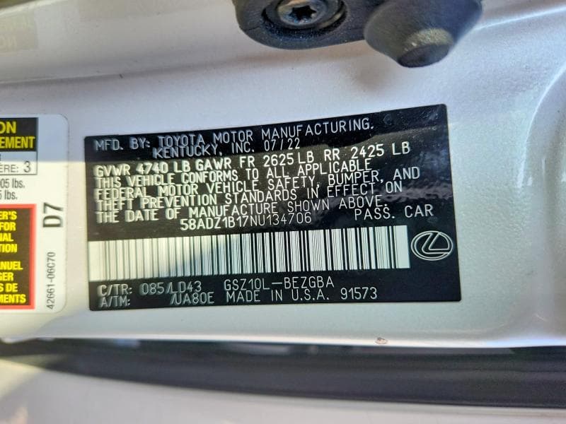 2022 LEXUS ES 350 BASE 12