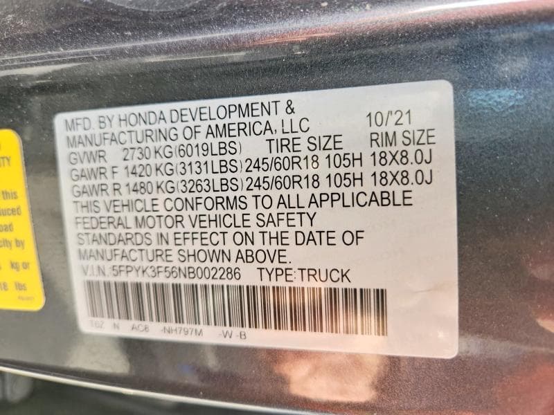 2022 HONDA RIDGELINE RTL 12