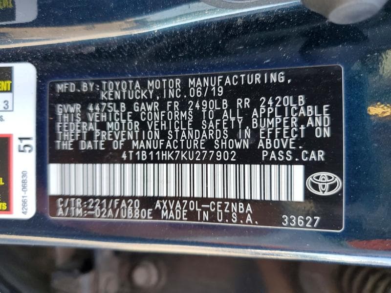 2019 TOYOTA CAMRY LE 12