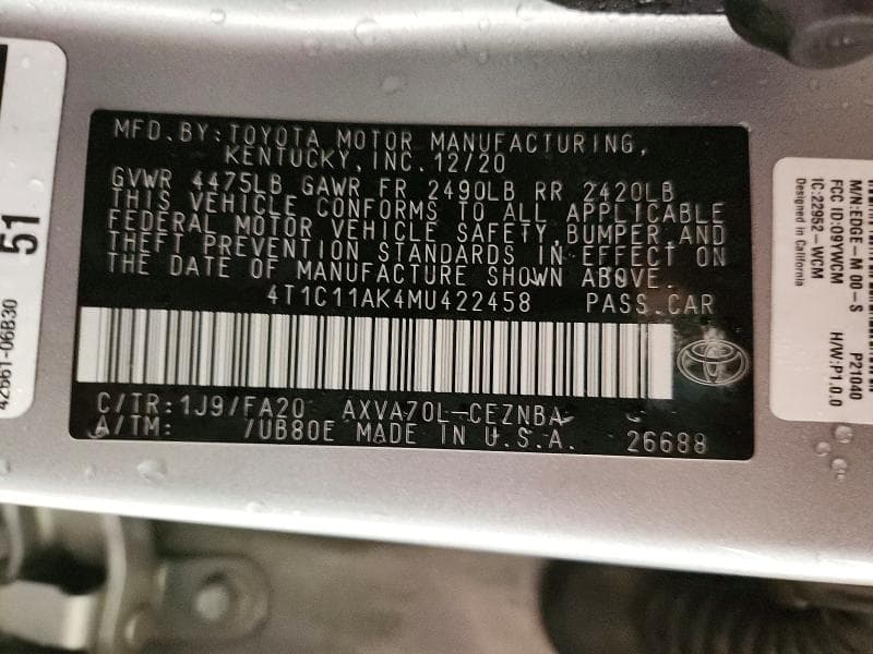 2021 TOYOTA CAMRY LE 13