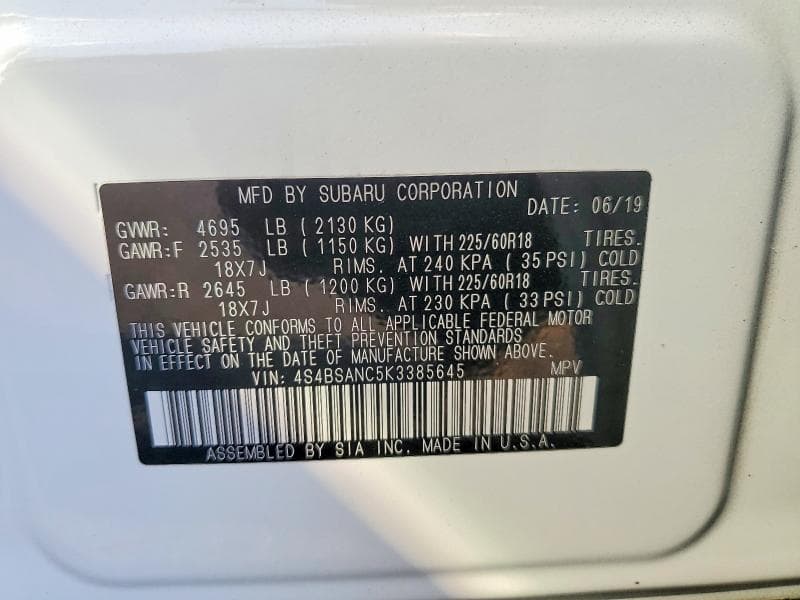 2019 SUBARU OUTBACK 2.5I LIMITED 13