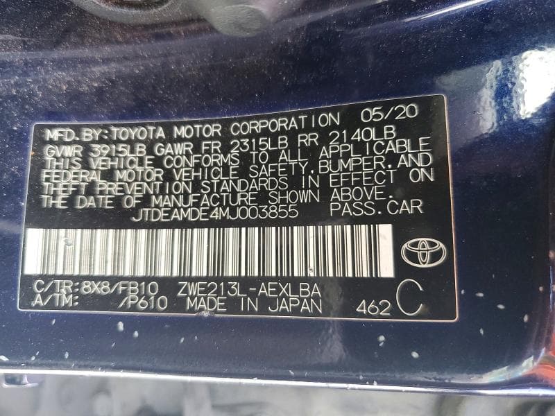 2021 TOYOTA COROLLA LE 12