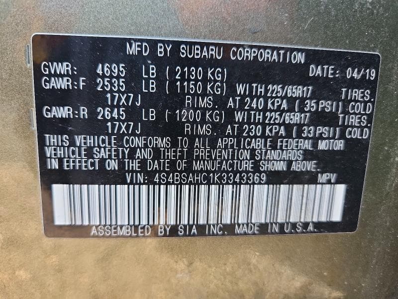 2019 SUBARU OUTBACK 2.5I PREMIUM 12
