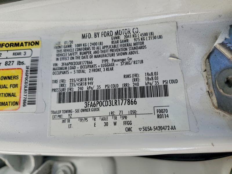 2020 FORD FUSION SEL 12