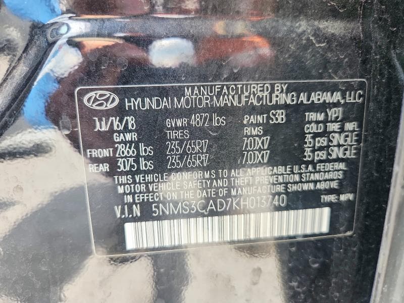 2019 HYUNDAI SANTA FE SEL 2.4L 13