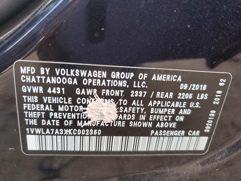 2019 VOLKSWAGEN PASSAT WOLFSBURG 13