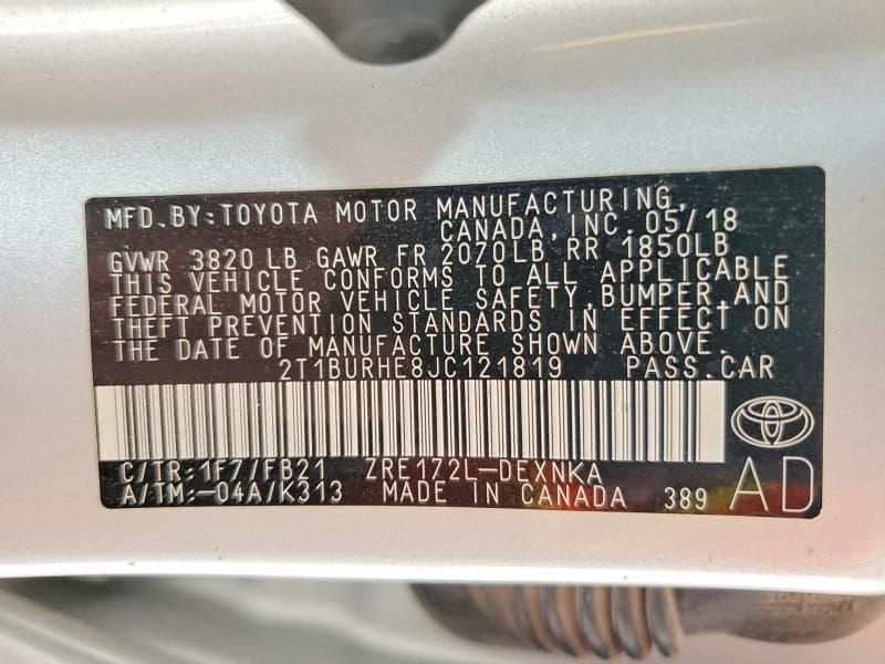 2018 TOYOTA COROLLA LE 12