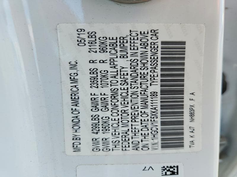 2019 HONDA ACCORD EXL 12