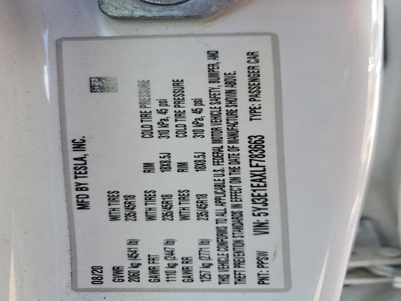 2020 TESLA MODEL 3 13