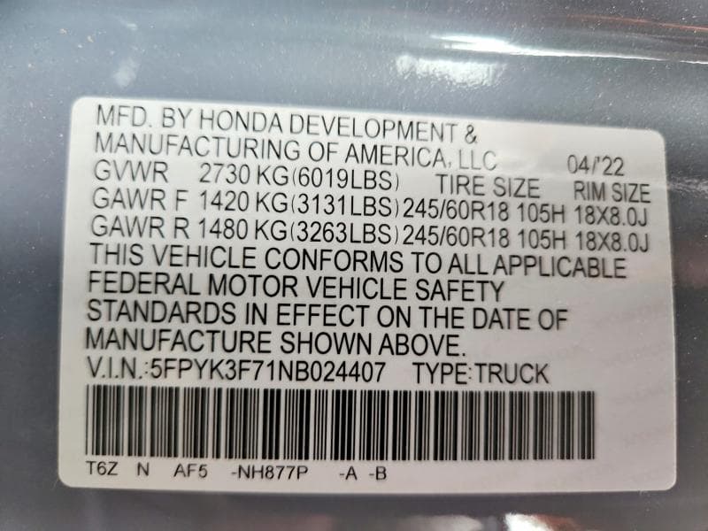 2022 HONDA RIDGELINE RTL 12