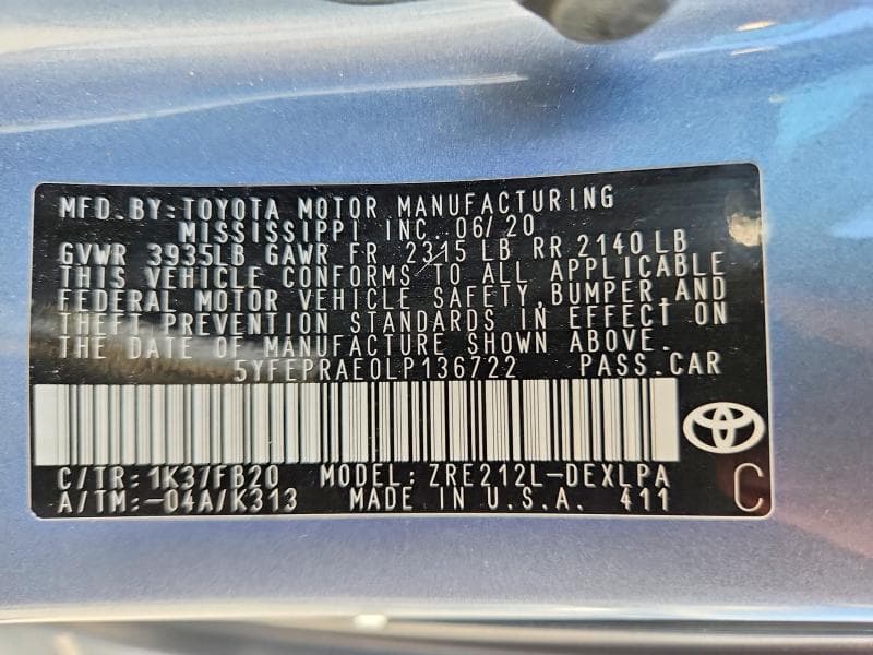 2020 TOYOTA COROLLA LE 12