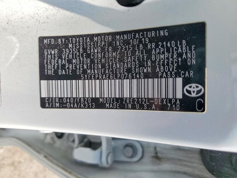 2020 TOYOTA COROLLA LE 12