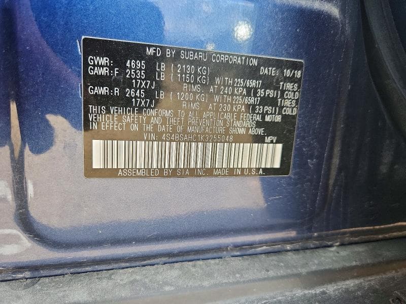 2019 SUBARU OUTBACK 2.5I PREMIUM 12