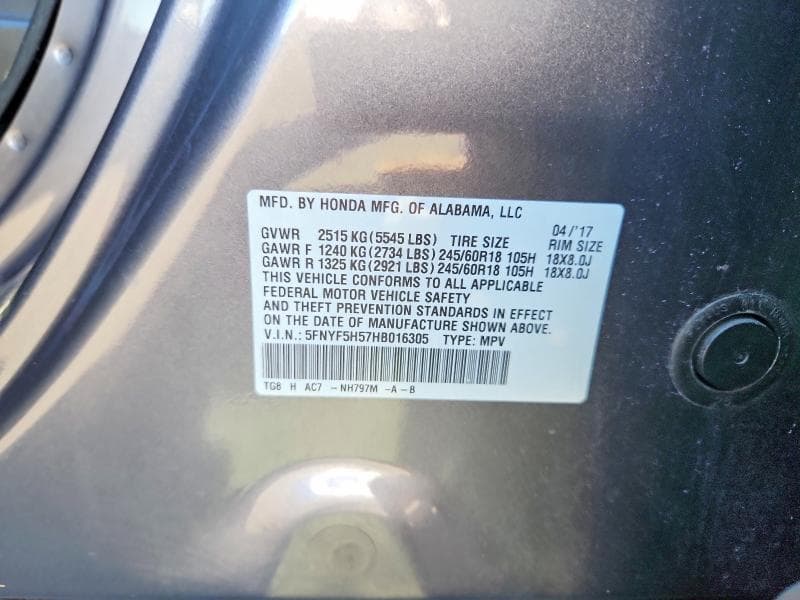 2017 HONDA PILOT EXL 12