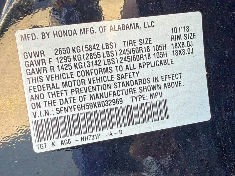 2019 HONDA PILOT EXL 11