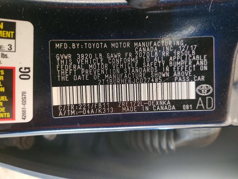 2018 TOYOTA COROLLA LE 12