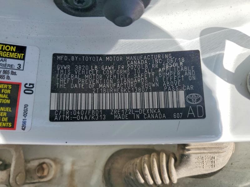 2019 TOYOTA COROLLA LE 12