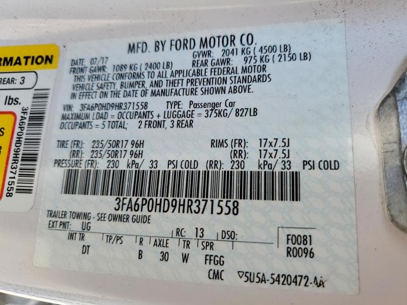 2017 FORD FUSION SE 12