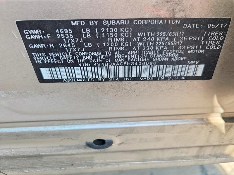 2017 SUBARU OUTBACK 2.5I 14