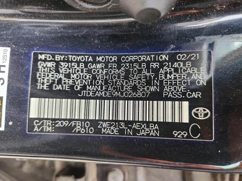 2021 TOYOTA COROLLA LE 12