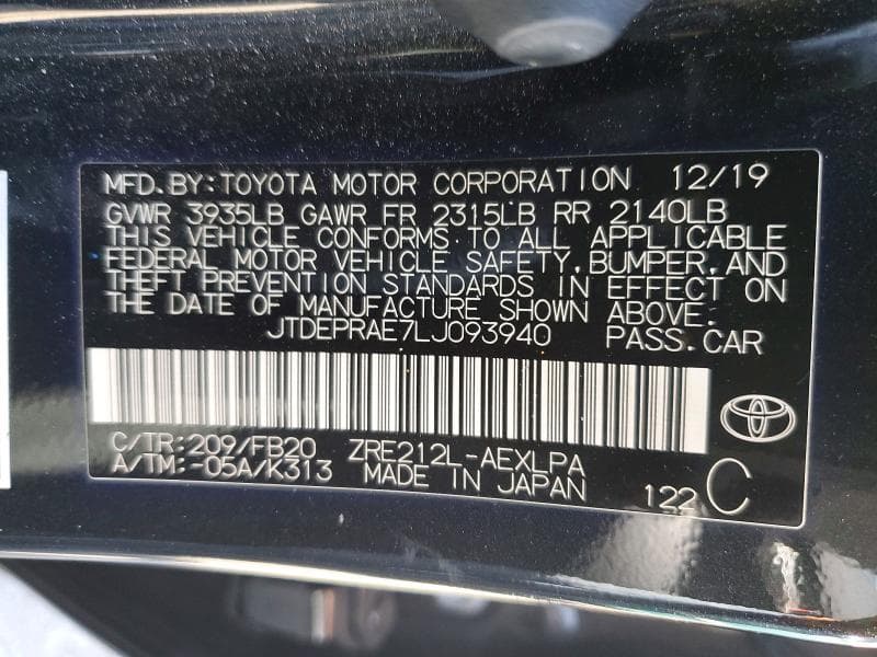 2020 TOYOTA COROLLA LE 12