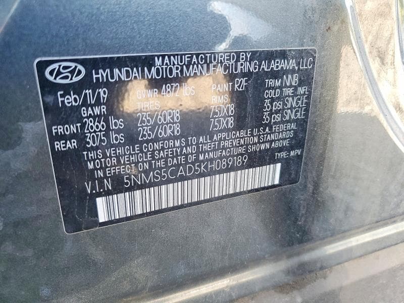 2019 HYUNDAI SANTA FE LIMITED 2.4L 13