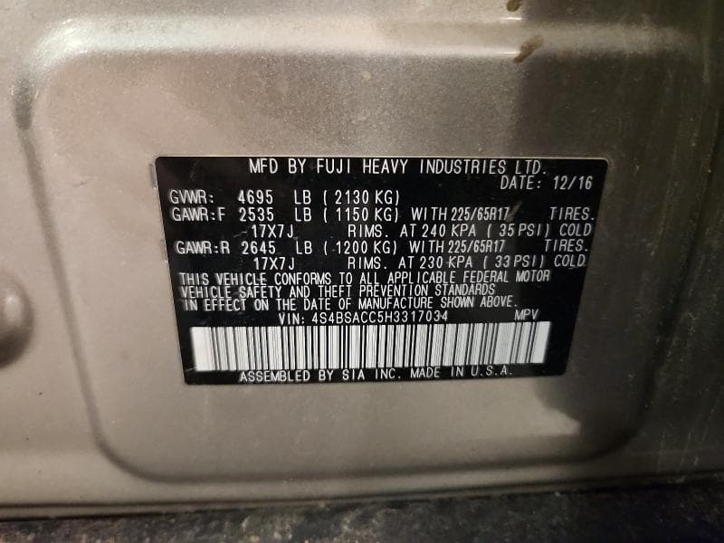 2017 SUBARU OUTBACK 2.5I PREMIUM 13