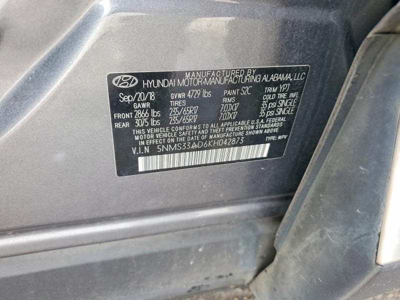 2019 HYUNDAI SANTA FE SEL 2.4L 12