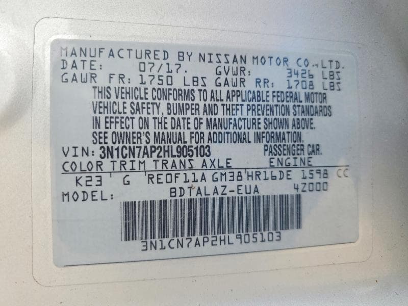 2017 NISSAN VERSA 1.6 S PLUS 12