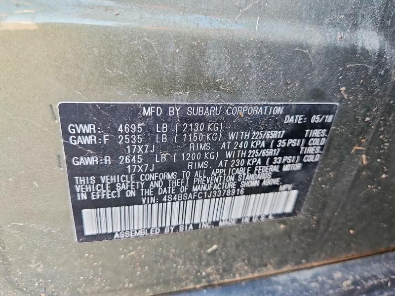 2018 SUBARU OUTBACK 2.5I PREMIUM 12